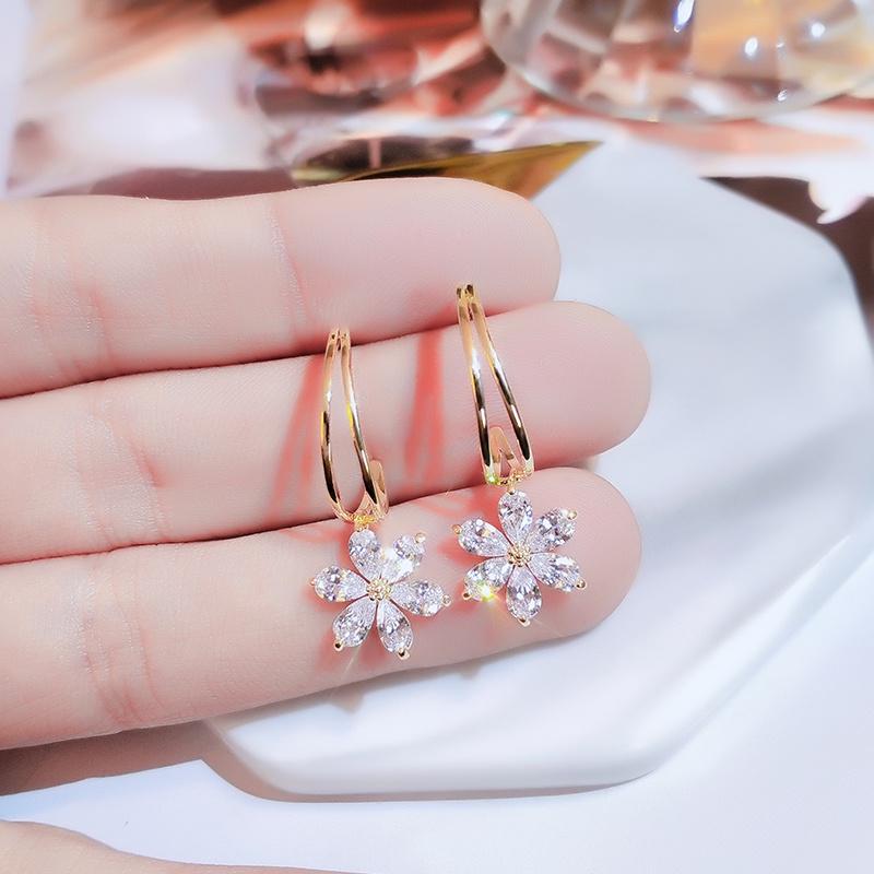Khuyên tai JIUDUOLAN mặt bông hoa đính đá zircon mạ vàng 18K sáng bóng thời trang Hàn Quốc thanh lịch cho nữ