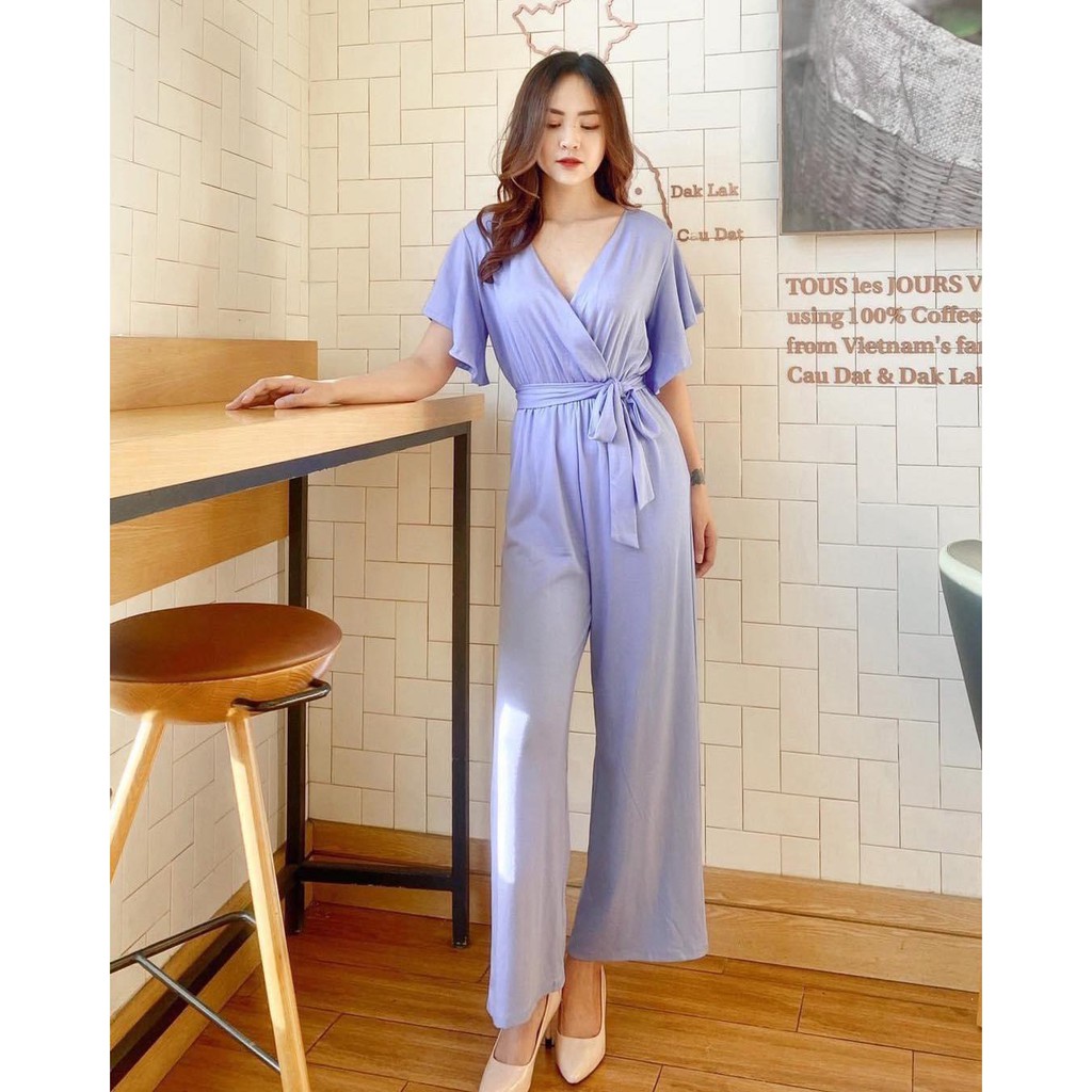 Jumpsuit thun cổ V quần suông ống rộng bèo tay CHIBEST AB489