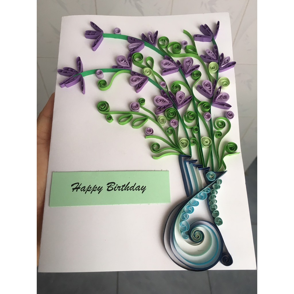 Thiệp/Tranh handmade lọ hoa oải hương nghệ thuật giấy cuốn size A5 (Lavender quiling card/picture)