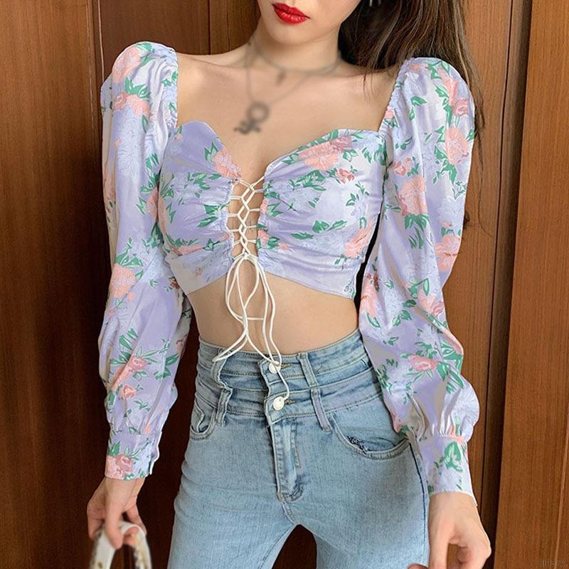 Áo Sơ Mi Lửng Tay Dài Rút Dây In Hoa Gợi Cảm Phong Cách Hàn Quốc Thời Trang Cho Phụ Nữ