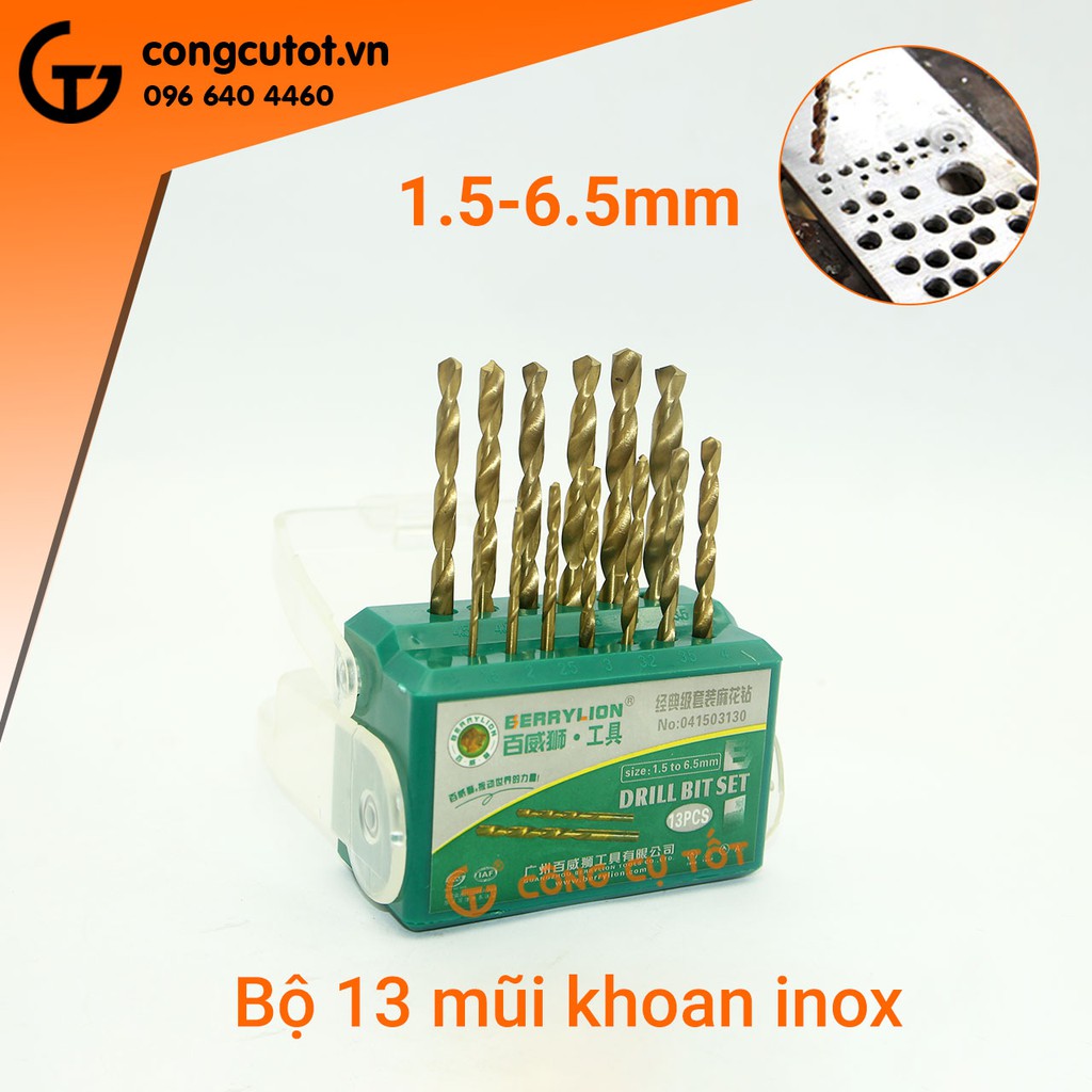 Bộ 13 mũi khoan inox 1.5 đến 6.5mm Berrylion HSS vàng