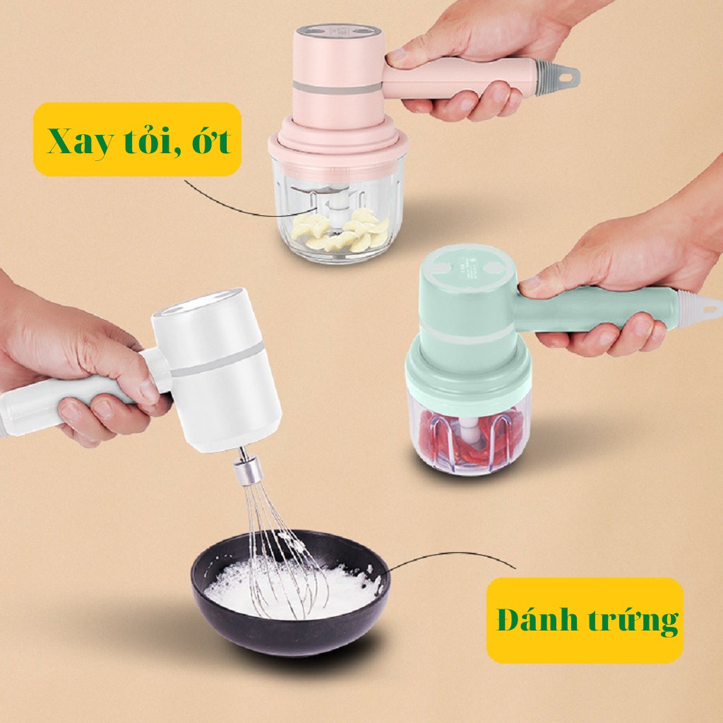 Máy đánh trứng, xay thịt xay tỏi ớt cầm tay mini đa năng không dây cao cấp 4 trong 1