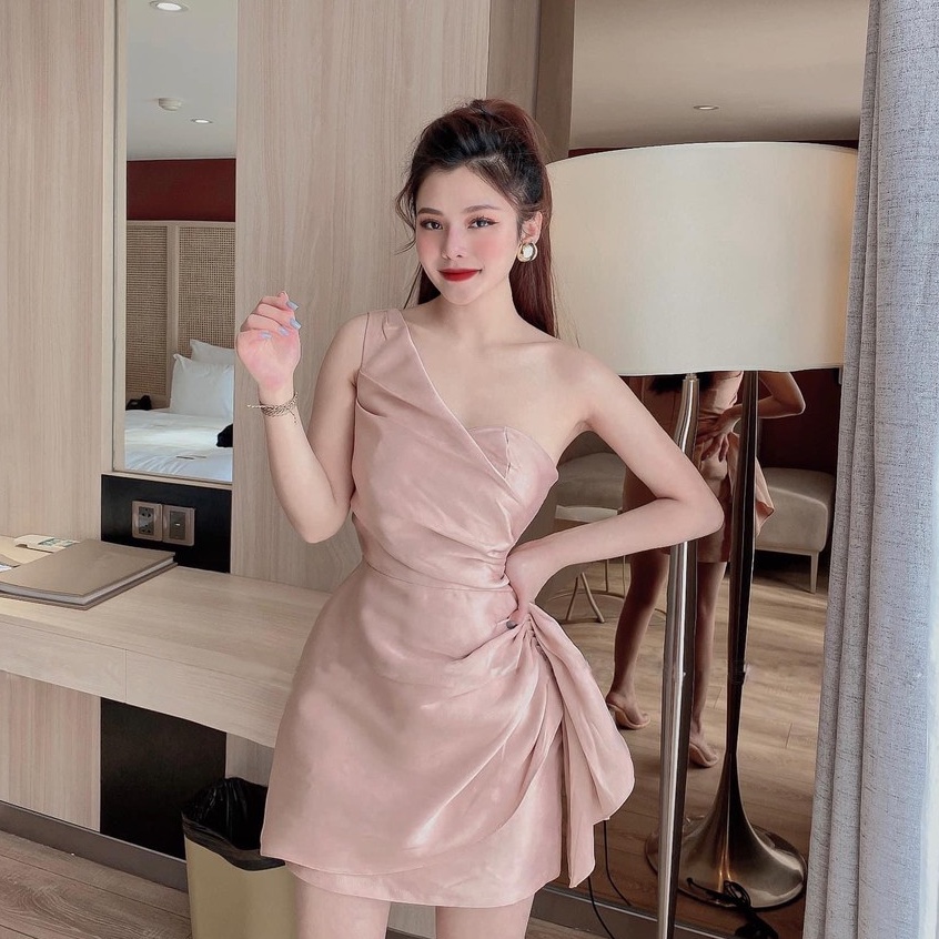 Đầm Body Dự Tiệc Lệch Vai Tà Đuổi, Hở Vai Trái, Dành Cho Nàng Đi Tiệc, Dạ Hội - Vải Tafta - 4 Màu Trắng, Xanh, Nâu, Hồng
