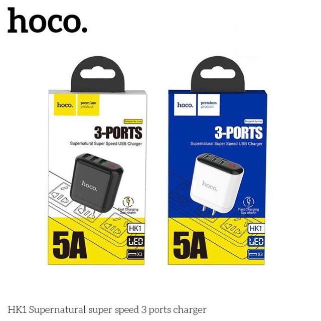 Cốc Sạc 3 Cổng Hoco HK1 5A Màn Hình LCD Hiển Thị Dòng Sạc - BH 1 năm - Hưng Long PC