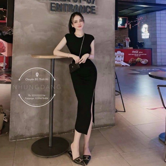 Váy body thun vai hến xẻ đùi, Đầm dáng ôm ngắn tay VS1765 - NhiNhi Shop
