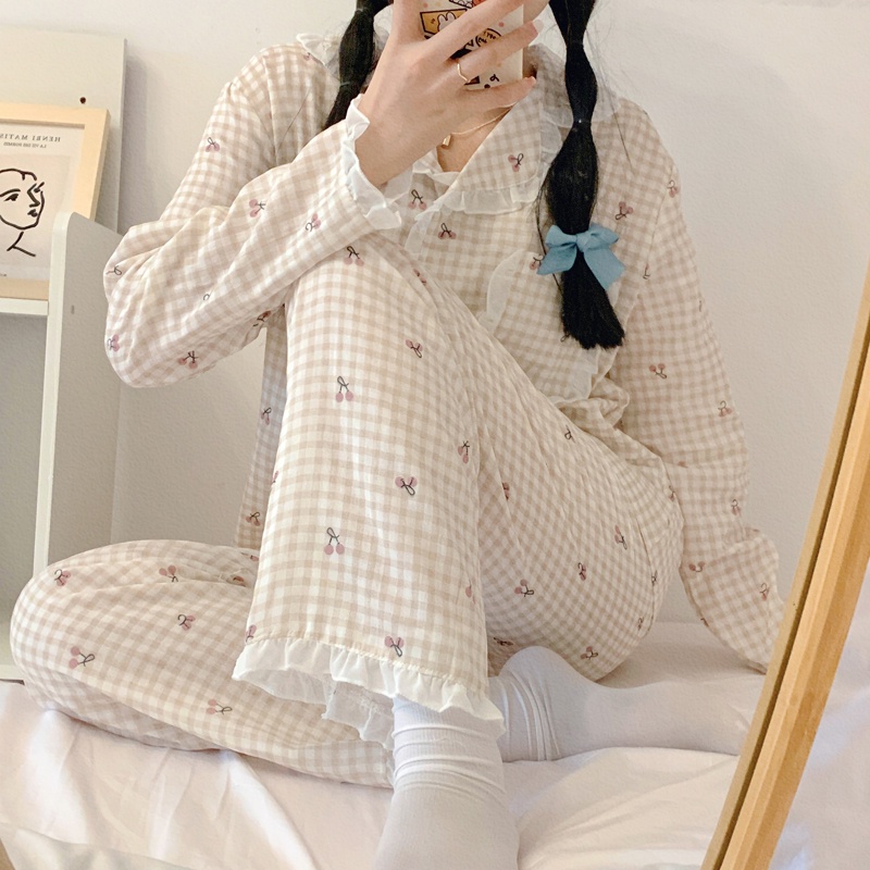 Bộ đồ ngủ hai món gồm áo tay dài và quần dài họa tiết quả anh đào kẻ dọc kiểu Hàn Quốc thời trang xuân thu | BigBuy360 - bigbuy360.vn