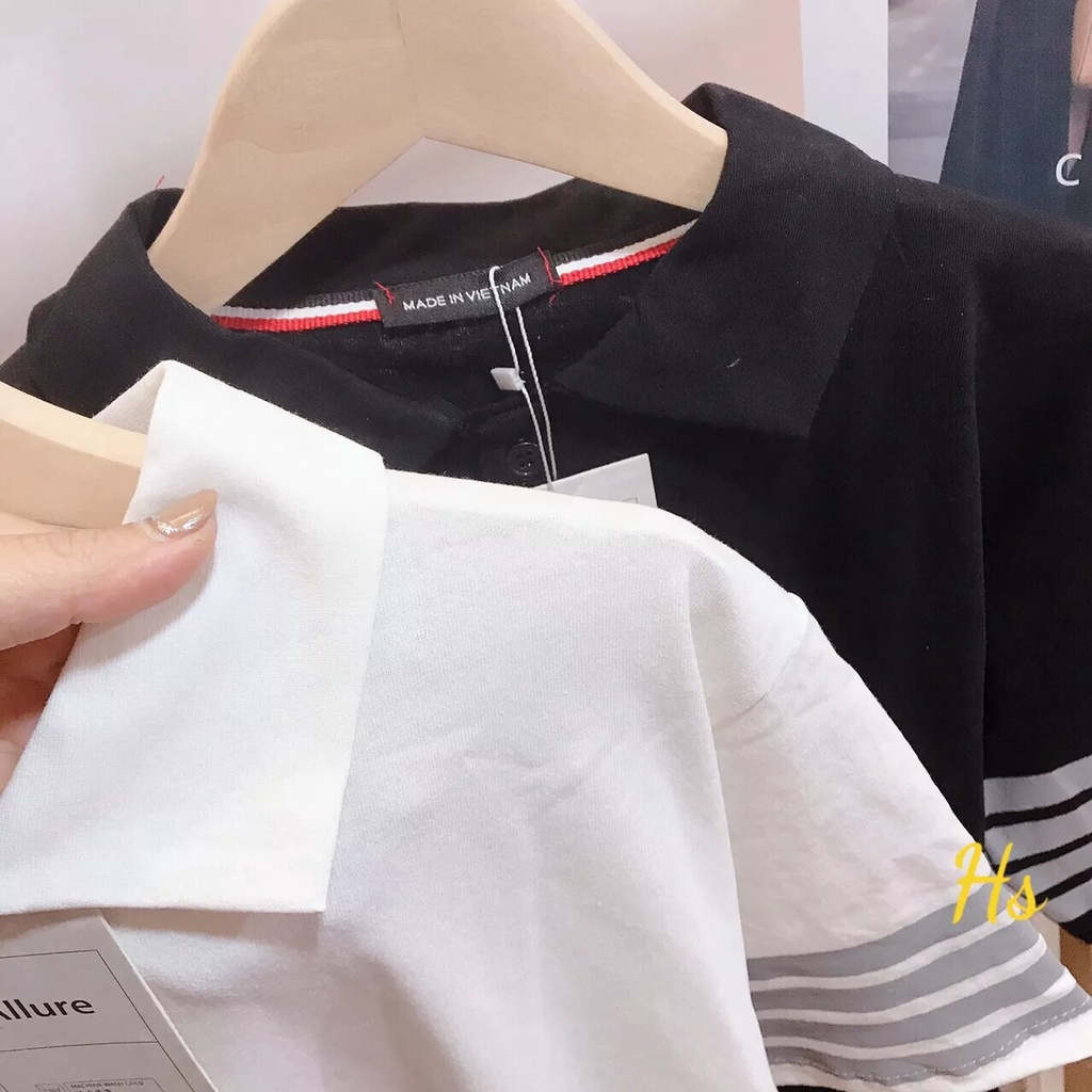 Áo PoLo Cổ Bẻ Sọc 4 Vạch Cánh Tay Nam Nữ Unisex - đen + trắng, phông Cotton mềm mịn mùa Hè Hottrend 2022