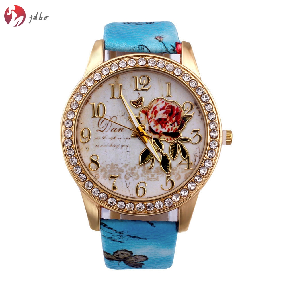 ✿JDBE✿ Women Lady Girl Wrist Quartz Watch Round Rose Pattern Printing Fashion Birthday Gift