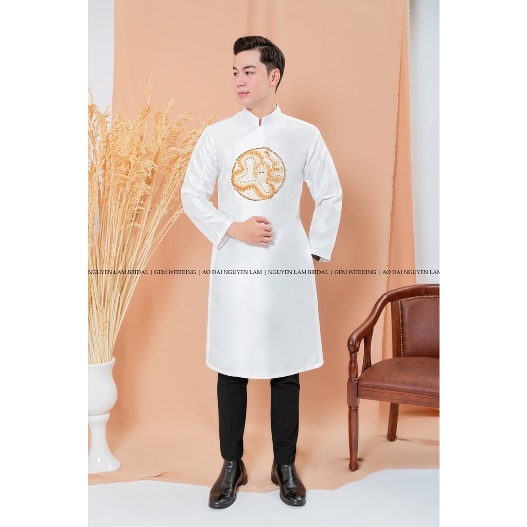 ÁO DÀI CƯỚI CẶP GẤM ,  THIẾT KẾ HỌA TIẾT THÊU RỒNG PHỤNG CAO CẤP | AODAINGUYENLAM