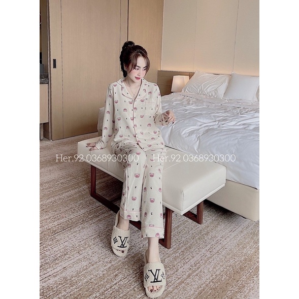 Bộ pijama mặc nhà áo dài quần dài chất đũi xốp hoạ tiết hàng thiết kế cao cấp