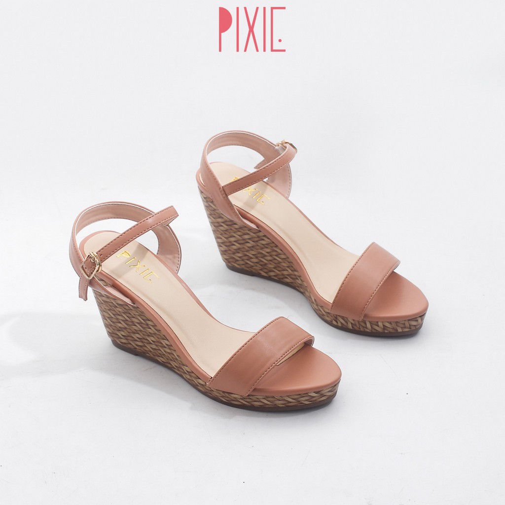 Giày Sandal Đế Xuồng 7cm Quai Ngang Đế Đan Tre màu Kem Pixie X451