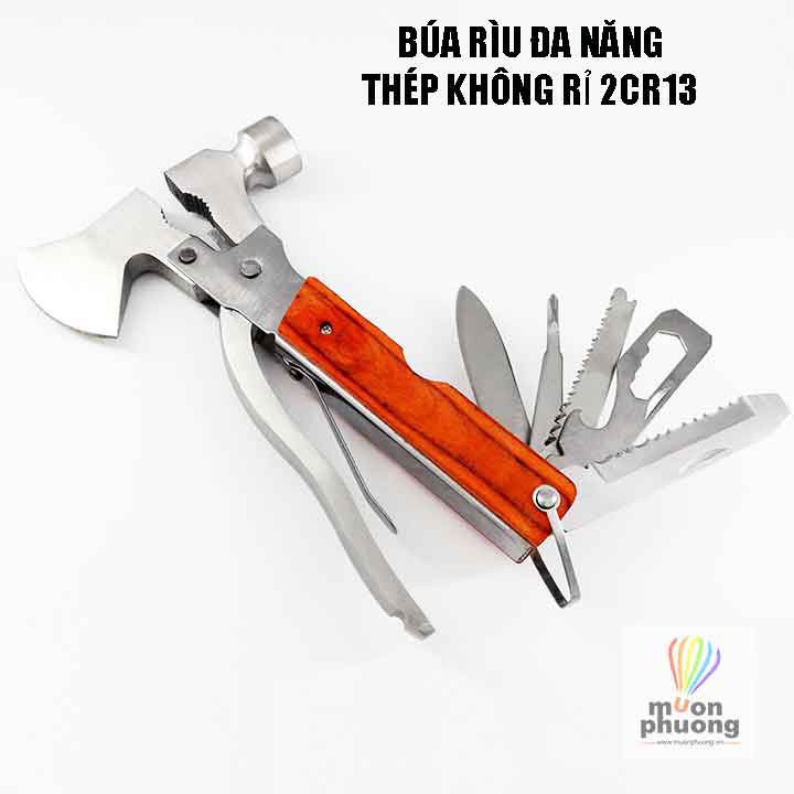 Búa rìu đa năng gọn nhẹ bằng thép 2CR13 không rỉ tay cầm gỗ thiết kế 2 đầu rìu và búa kết hợp thêm nhiều tính năng