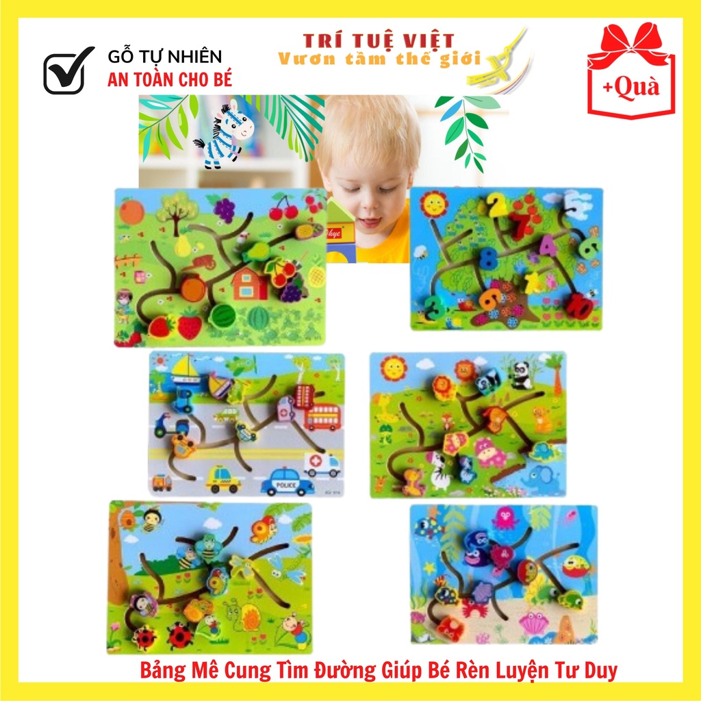 Đồ Chơi Gỗ Bảng Mê Cung Tìm Đường Chủ Đề PTGT, Động Vật, Hoa Quả, Côn Trùng, Số Đếm An Toàn Cho Bé TRITUEVIET