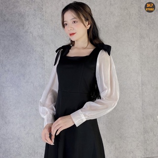 Váy đen Xoè tay voan bồng