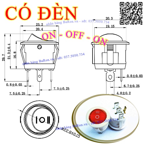 Công tắc 6A/220V loại on/off/on 23mm