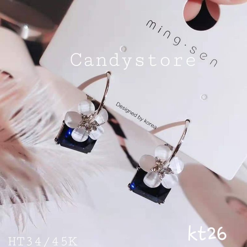 Khuyên tai/Bông tai khoen tròn hoa trắng đá xanh kt26