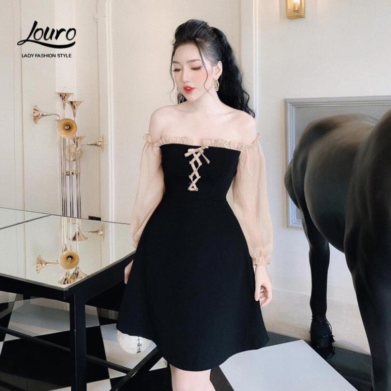 Váy đầm nữ Louro 🍀FREESHIP🍀 mẫu đầm nữ xòe trễ vai dây đan ôm ngực tay bồng điệu đà, nữ tính 2 màu đen trắng - L002  ྇