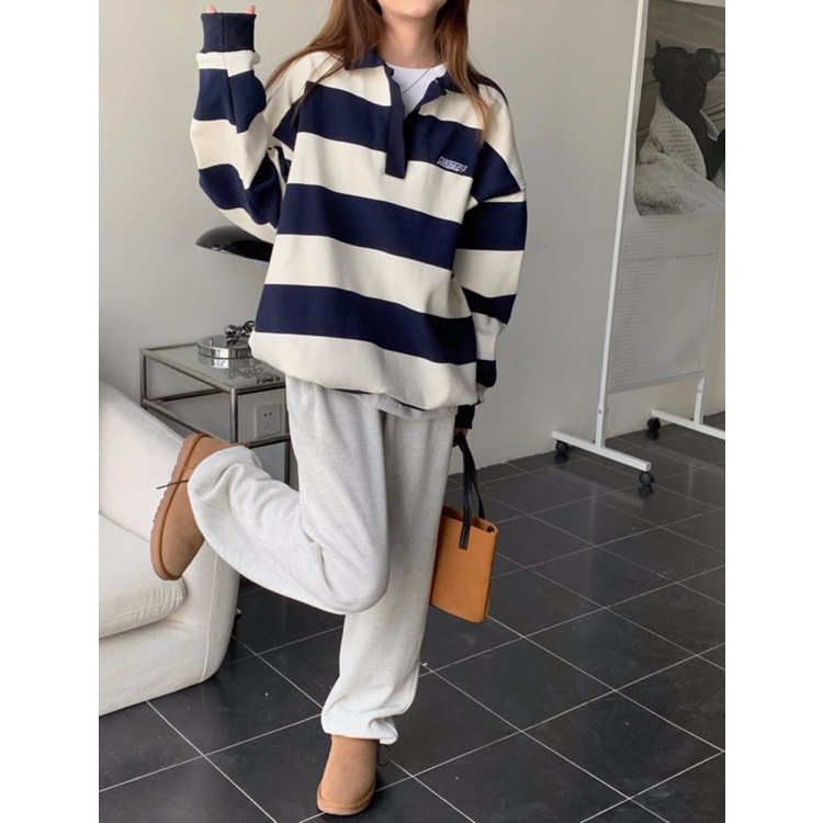 Áo Thun Polo Dáng Rộng Họa Tiết Kẻ Sọc Thêu Chữ Thời Trang Mùa Thu Mới Cho Nữ