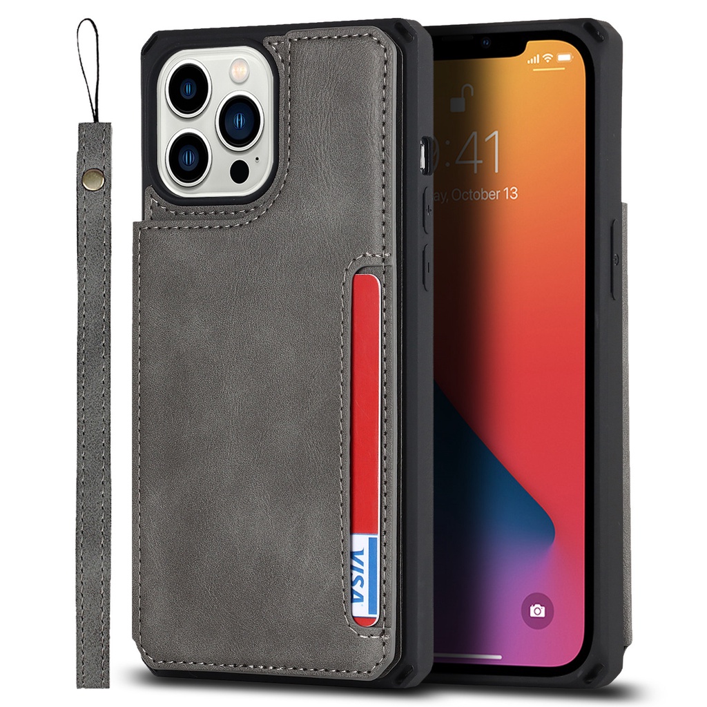 Bao Da Điện Thoại Nắp Lật Kèm Ngăn Đựng Thẻ Và Dây Đeo Cho iPhone 14 12 13 Pro Max Mini