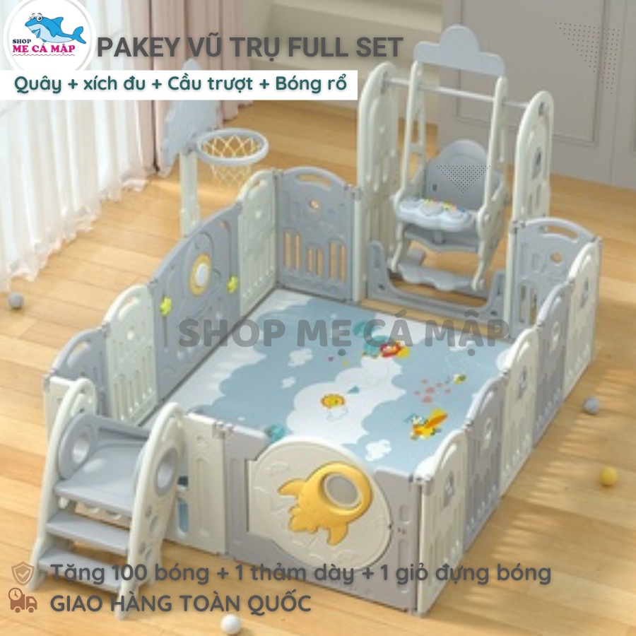 Quây cũi nhựa vũ trụ FULL SET GẤP GỌN cầu trượt xích đu, tặng kèm bộ bóng rổ