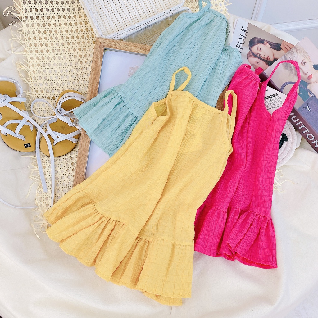 Váy 2 Dây Đón Hè Cho Bé Gái Chất Liệu Vải Đũi Nhăn Co Giãn Đủ Size Từ 8-20Kg VNXK Nhật-Hàn