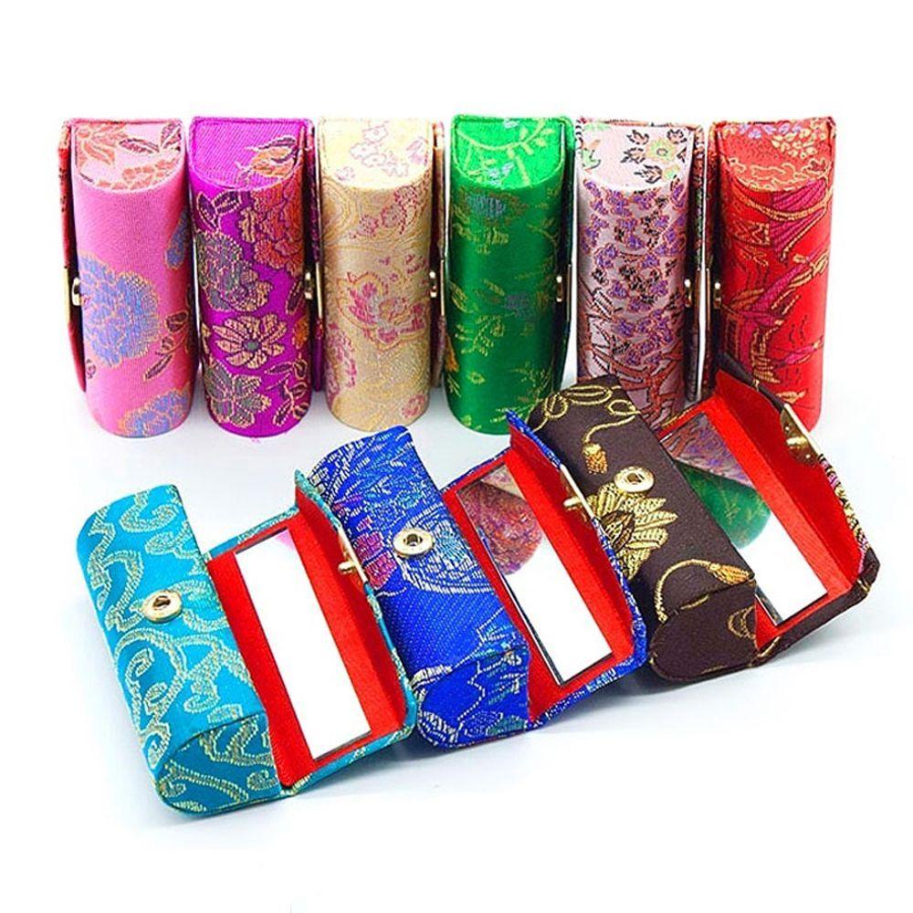 Hộp Đựng Son Môi Bằng Lụa Satin Thêu Hoa Kèm Gương Tiện Dụng Ốp