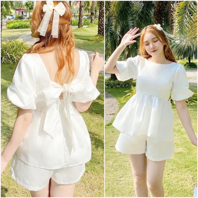 Sét Đồ Baby Doll Cổ Tròn Nơ Lưng To Tay Phồng Siêu Bánh Bèo Điệu Đà