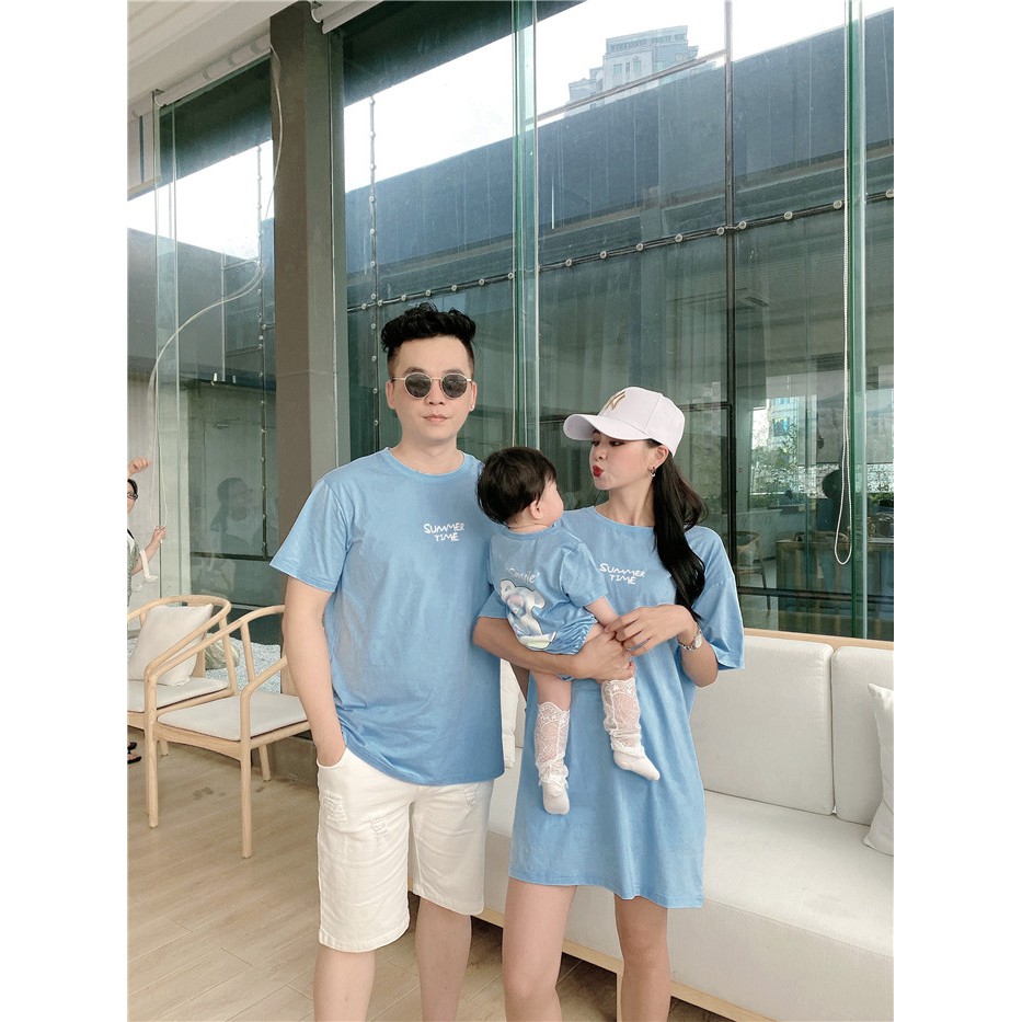 Set áo gia đình  Đồ gia đình màu xanh dương in chữ SUMMER TIME phong cách thời trang