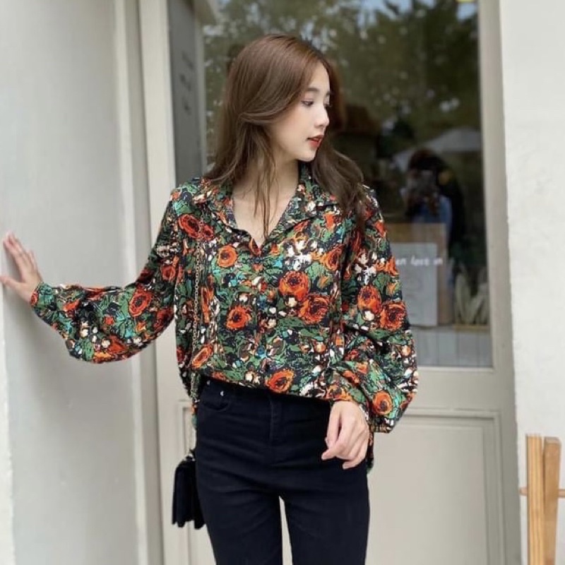 Áo Sơ Mi Lụa Satin Cao Cấp Hoạ Tiết Hoa Form Dài Tay Bồng 48-75kg