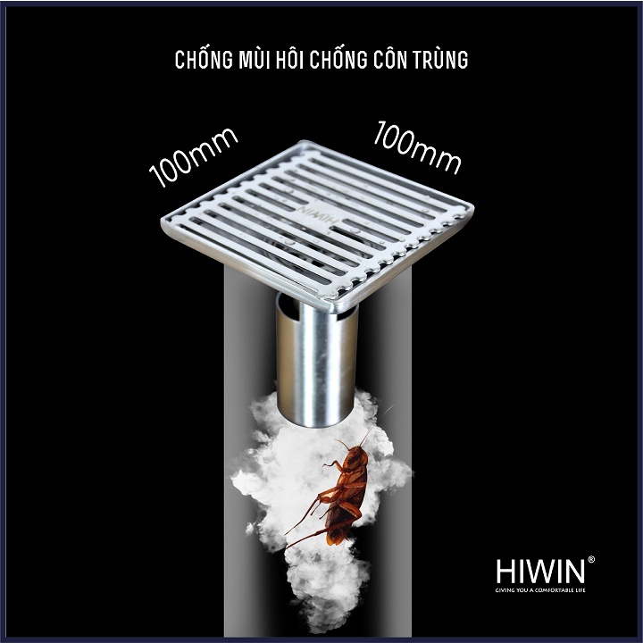 Phễu ga thoát sàn ngăn mùi hôi inox 304 mặt gương bóng kích thước 100x100mm HIWIN FD-431B