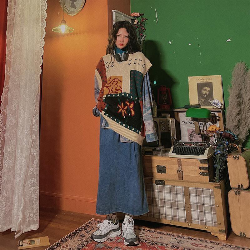 Bộ áo khoác dệt kim cổ chữ v dáng rộng in hình nhân vật mới xuân thu kiểu retro 2021 | BigBuy360 - bigbuy360.vn