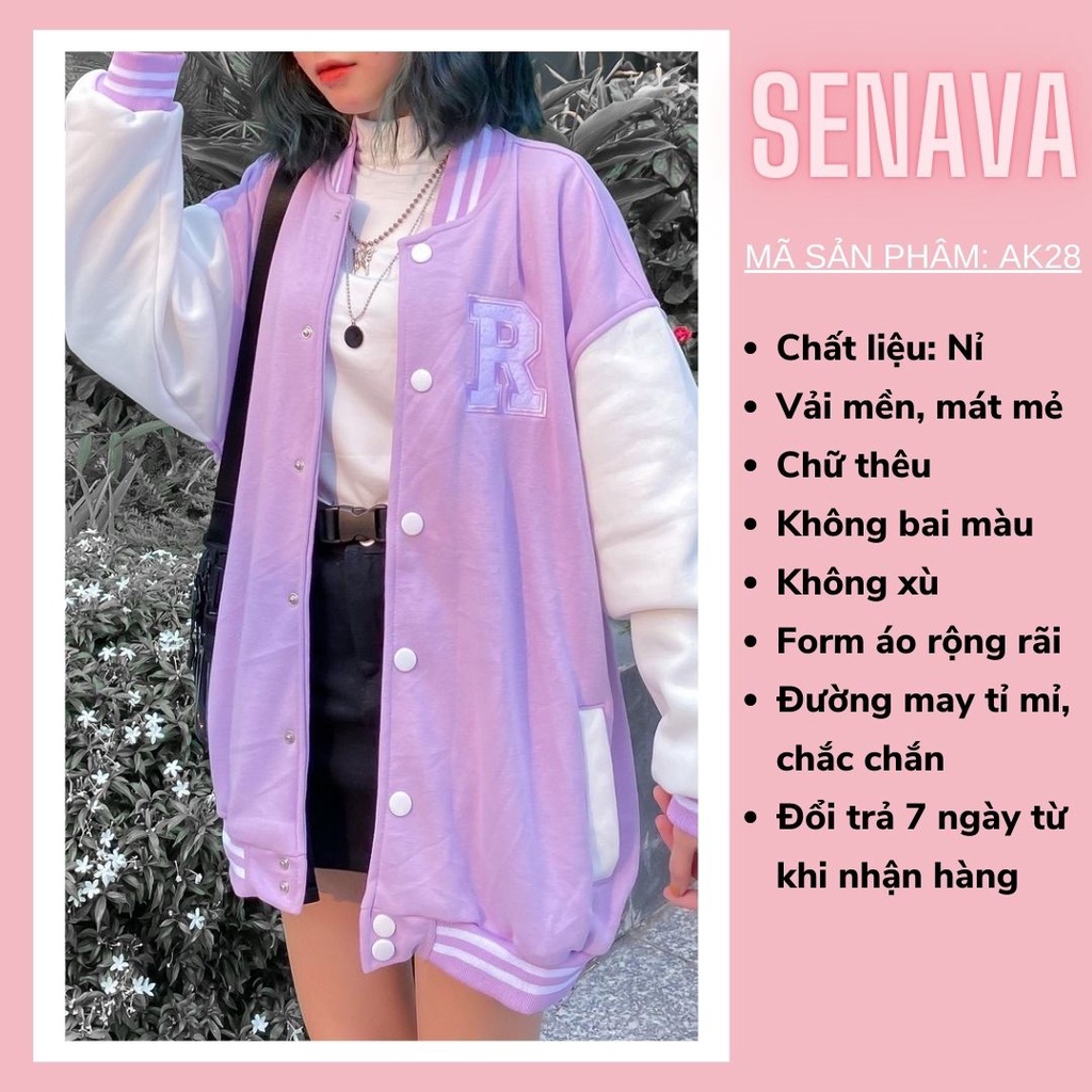 Áo khoác nỉ cardigan nữ chữ R bomber form rộng unisex SENAVA AK28