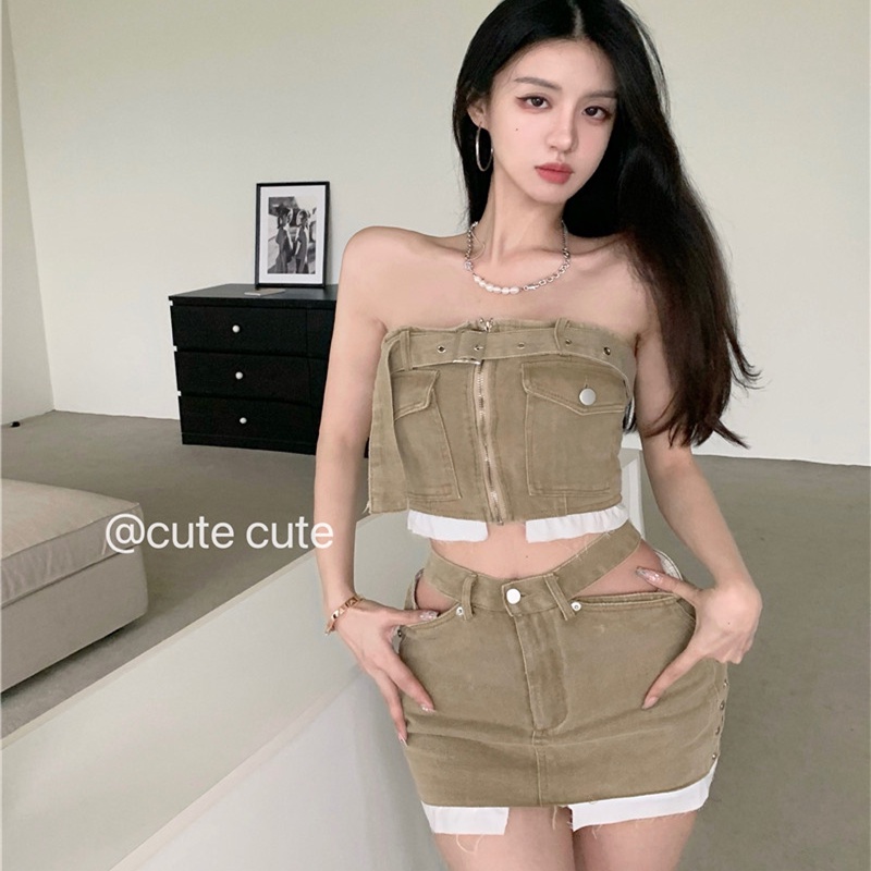 Set Áo Ống Denim + Chân Váy Lưng Cao Thiết Kế Quyến Rũ Thời Trang Mùa Hè