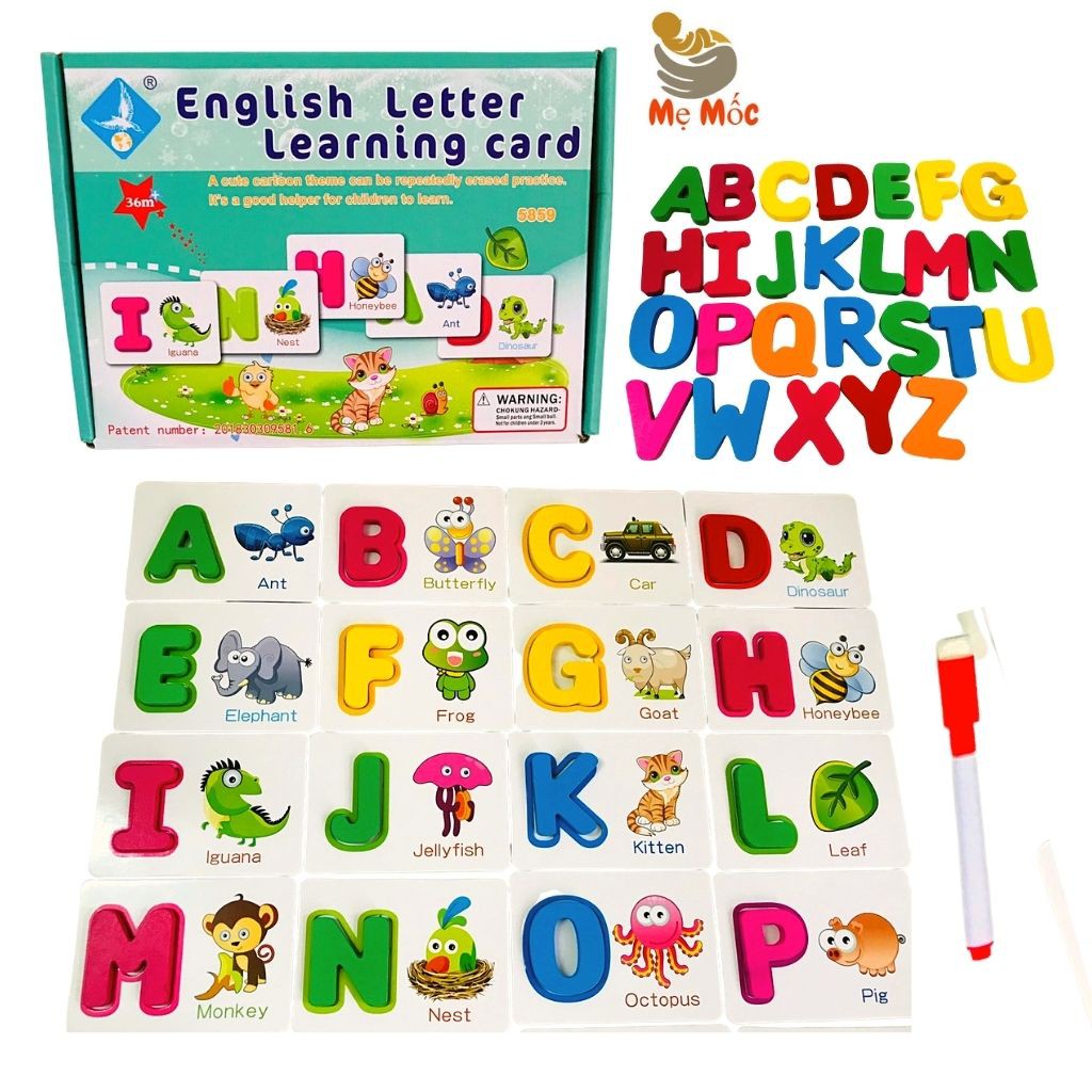 Thẻ Gỗ Ghép Chữ Cái Tiếng Anh-Đồ Chơi gỗ Xếp Hình Thông Minh-Flashcard Khắc Chữ Chìm Tặng 26 Chữ Cái Gỗ+Bút Thần Kỳ
