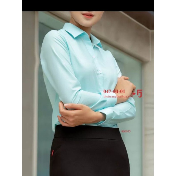 Áo sơ mi nữ Thái Hòa màu xanh ngọc trơn