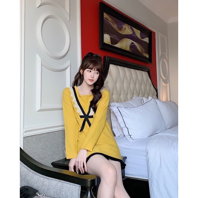 (chất nhung) Áo bầu nhung tăm mặc mùa đông ấm áp phối cổ viền ren nơ tkutrang