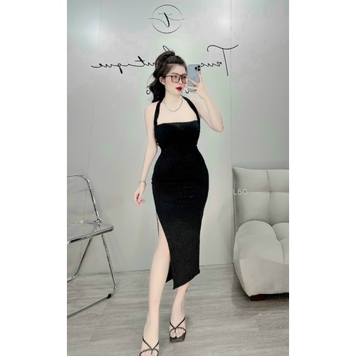 Đầm gân body cổ yếm xẻ tà dáng dài qua gối siêu hot cực dễ mặc