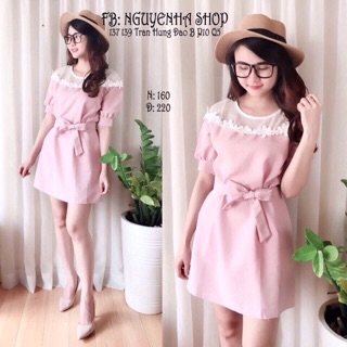 Đầm suông phối ren cột nơ eo