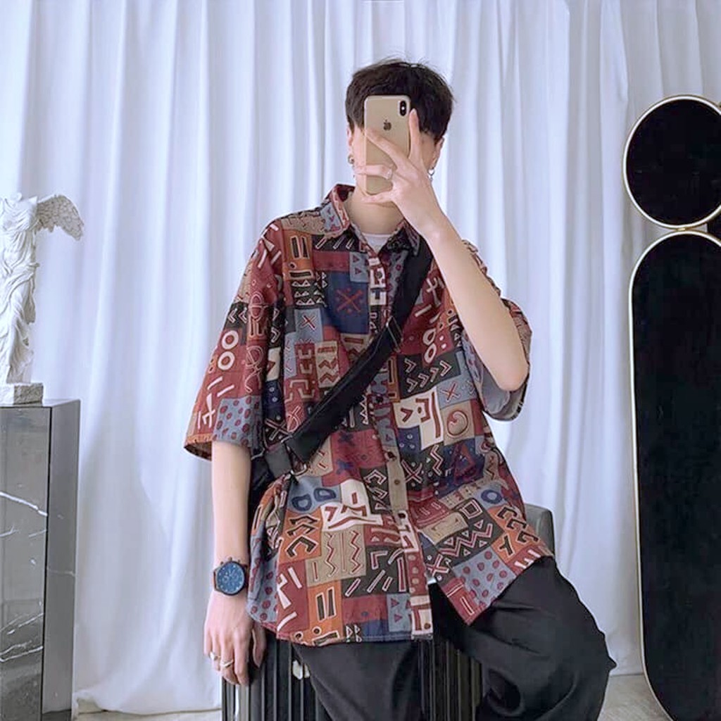 Áo SƠ MI NỮ form rộng in 3D cổ bẻ tay ngắn - lỡ dáng ulzzang freesize unisex mặc cặp, nhóm, HỌA TIẾT HÌNH