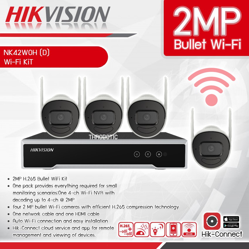 BỘ KIT 4 CAMERA 2M IP WIFI Hikvision NK42W0H (D) / H265+ / Bullet ( KHÔNG DÂY/ CÓ DÂY) 2MP BH 24TH