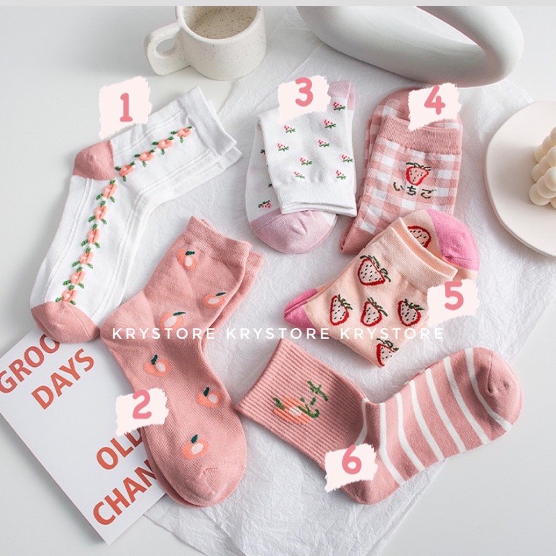Set tất nữ họa tiết hoa quả màu hồng phong cách Hàn Quốc TC04