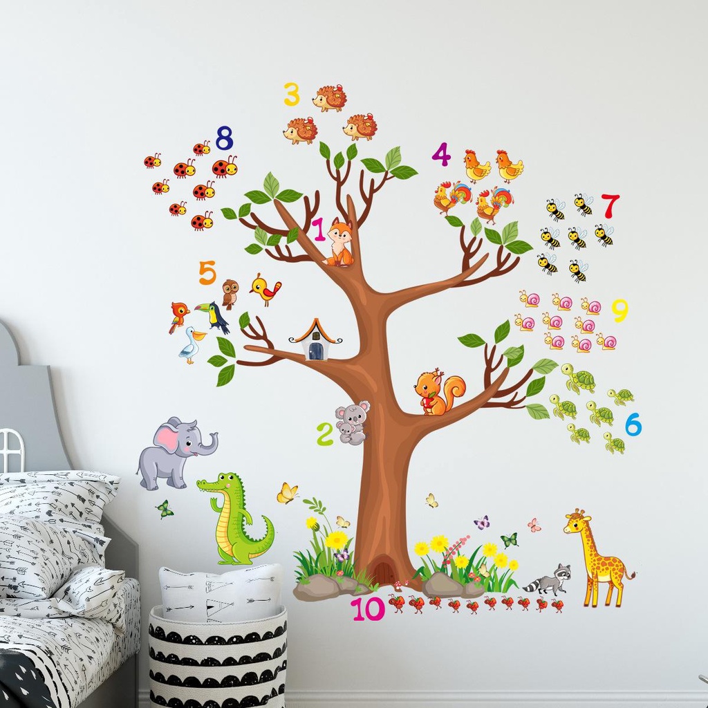 Decal Dán Tường Đếm Số Hình Động Vật Nhiều Màu Sắc Cho Bé - Trang Trí Phòng Ngủ/Trường Mầm Non MS6033