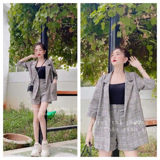 Set áo vest mix quần đùi kẻ caro - set công sở cực xinh
