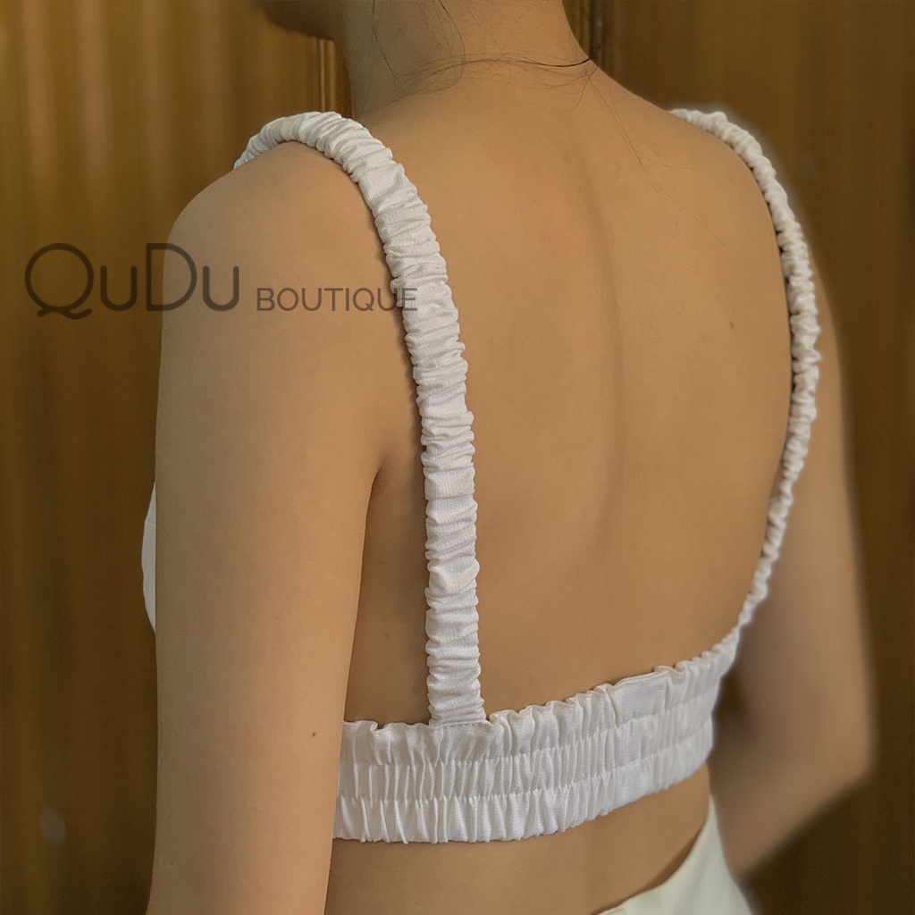 [Made in Vietnam] Áo Hai Dây QuDu/ Áo Croptop Hai Dây Màu Trắng Đen Cổ V Chất Linen/Da Sexy Và Siêu Chất Thiết Kế QuDu