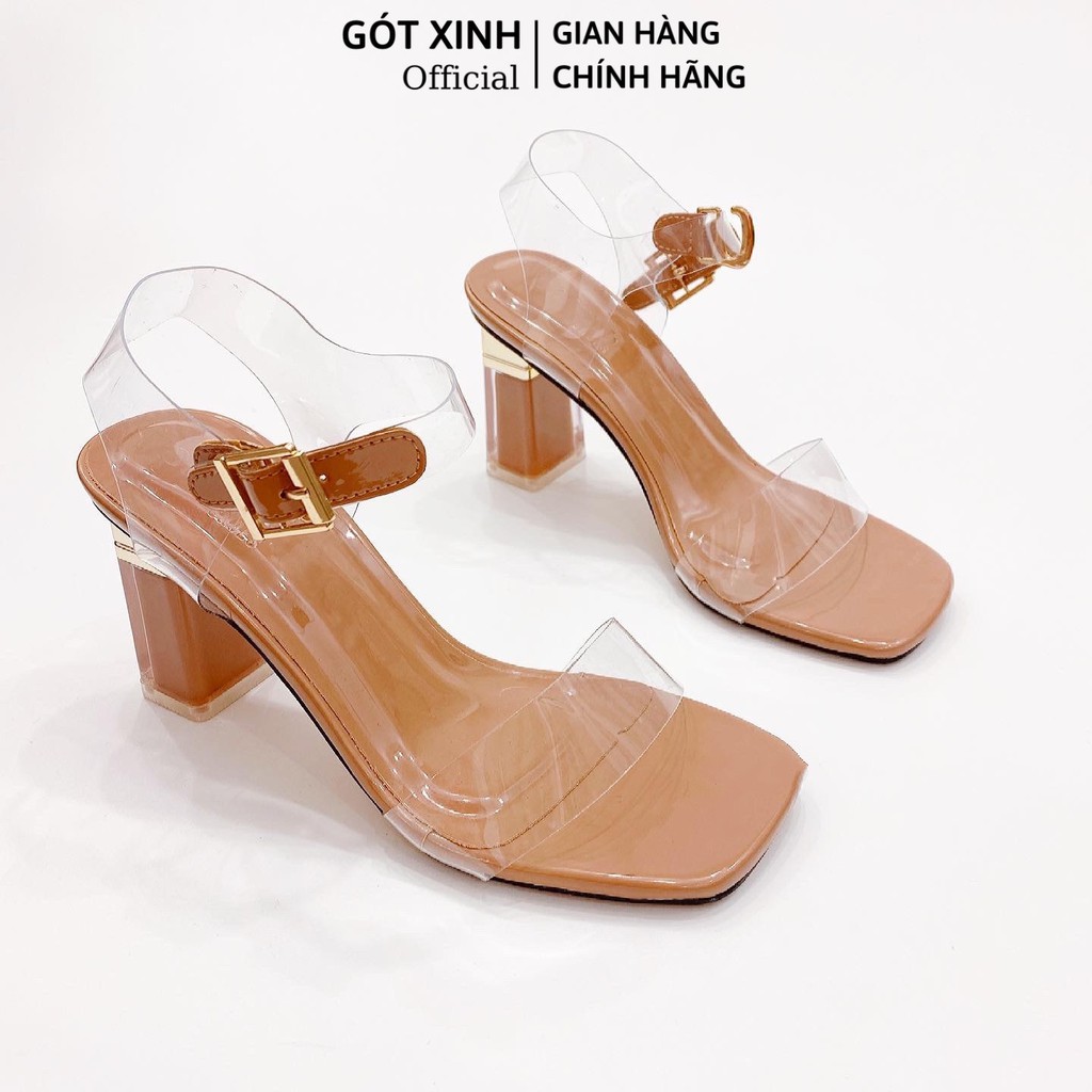 Giày sandal cao gót nữ GÓT XINH GD9 mũi vuông quai ngang mika trong kiểu dáng thanh lịch cao 7cm