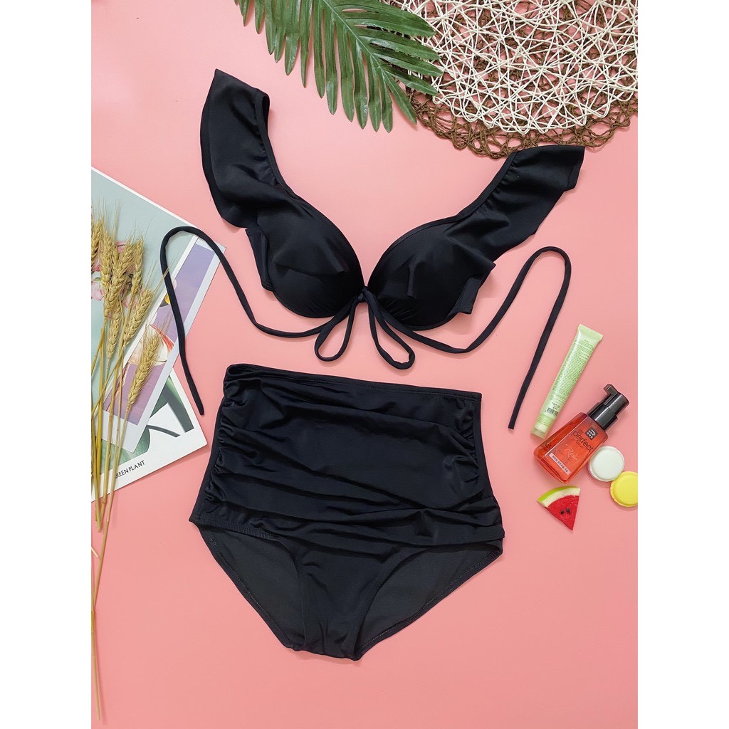 Set Bộ Bikini 3 Món Nam Nữ Cánh Tiên, Đồ Bơi Cặp Đi Biển Đen Trơn Đơn Giản [Ảnh Chụp Thật] - OS032 xịn