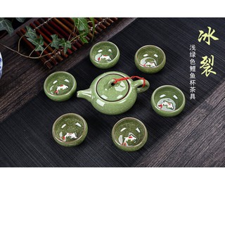 Bộ ấm chén uống trà in cá 3D tráng men