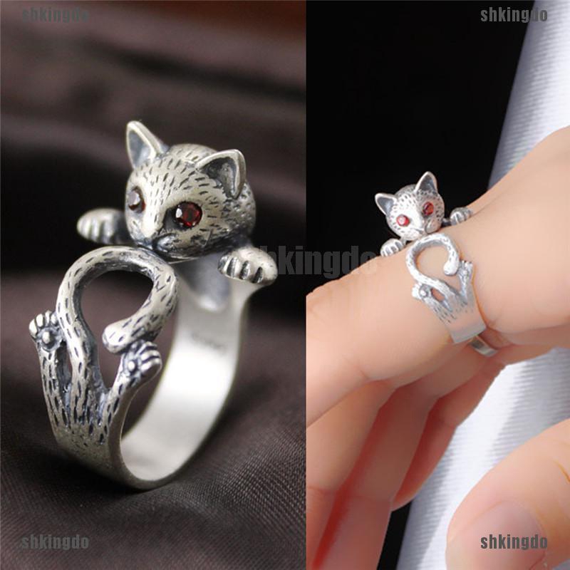 Nhẫn hình mèo đính đá phong cách Boho cổ điển thời trang