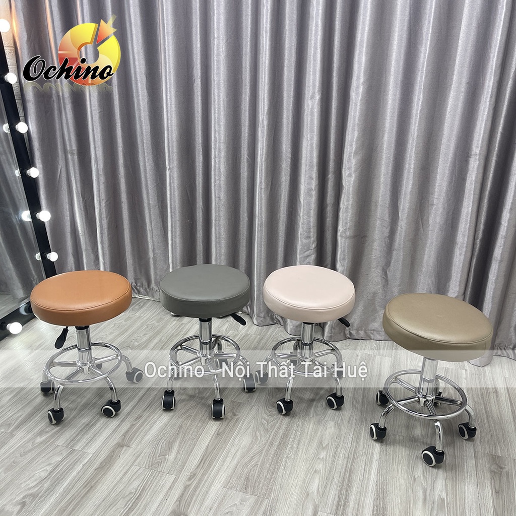 Ghế Đệm DA Xoay 360, Ghế Đôn Hơi Spa có bánh xe nâng hạ cao thấp dùng trong spa phun xăm, nối mi, cắt tóc Mẫu Tròn Trơn