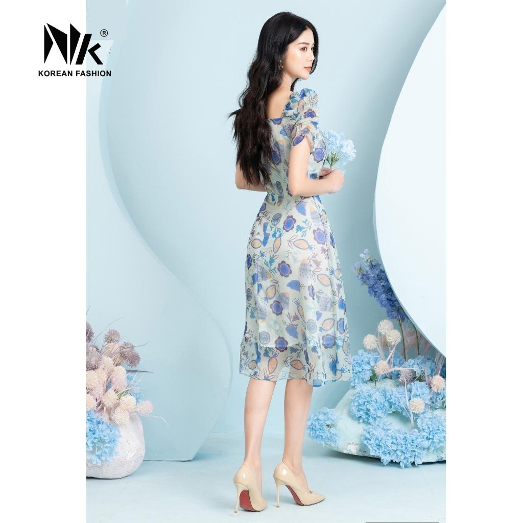 Đầm Hoa Xòe Phối Ngực Nhún NK Fashion Thiết Kế Cổ Vuông Nữ Tính, Chất Liệu Vải Cao Cấp NKDV2203009